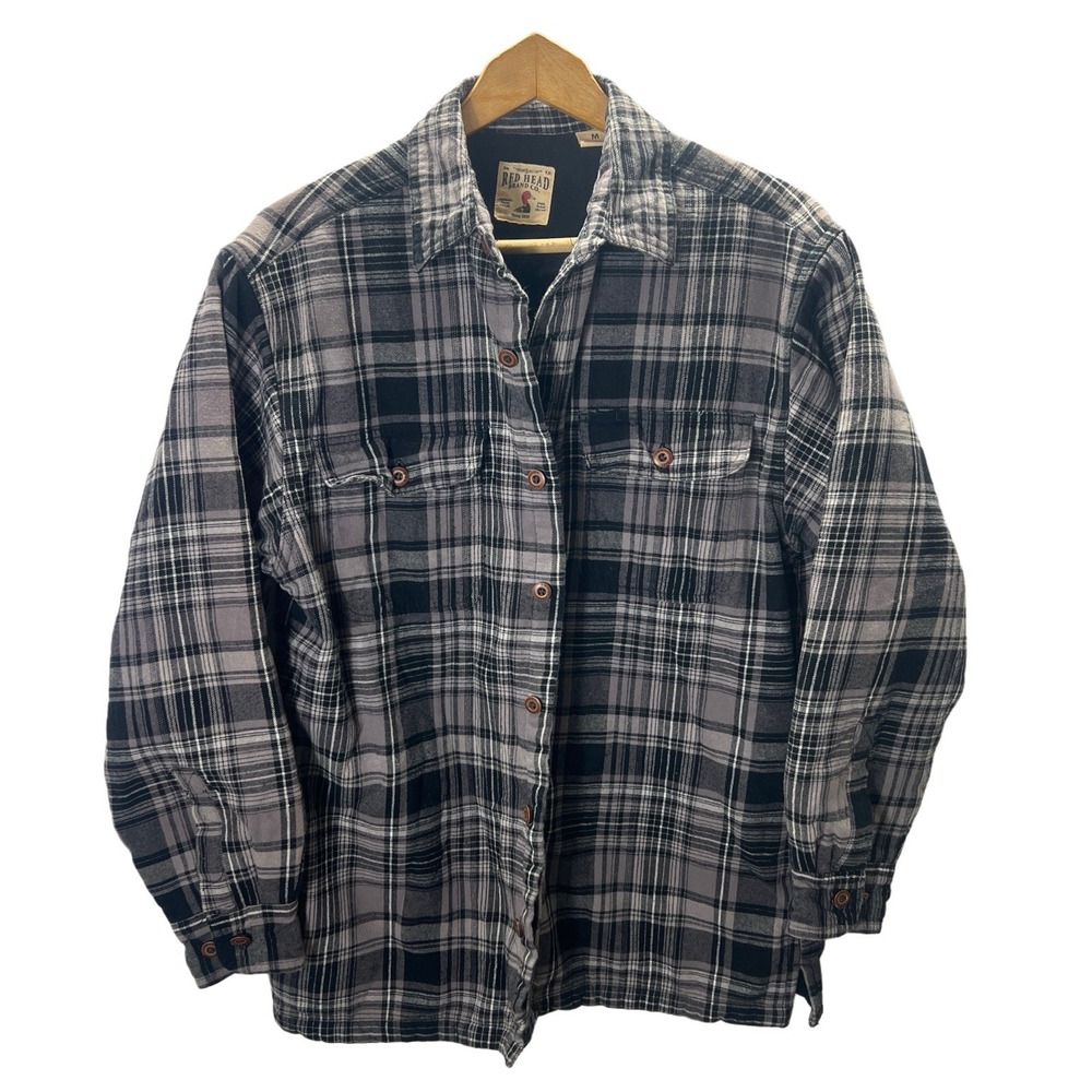 Redhead Mens Black Long Sleeve Shirt Jacket Plaid Flannel Shacket size Medium